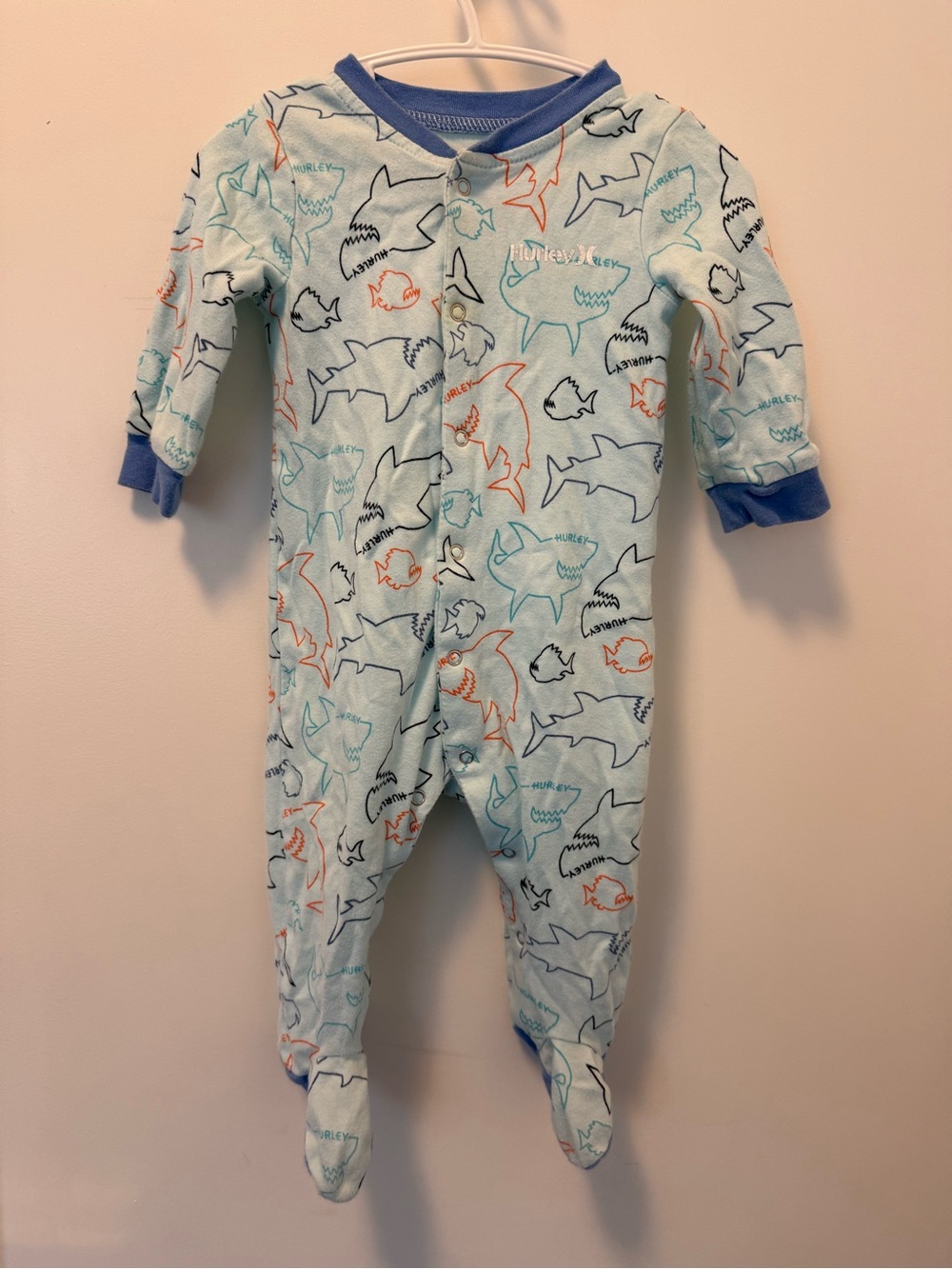 Hurley Light Blue Shark-Print Footed One-Piece